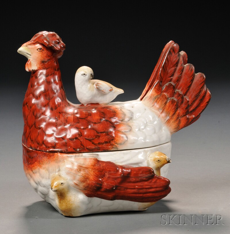 Appraisal: Staffordshire Painted Porcelain Hen on Nest with Chicks Covered Container