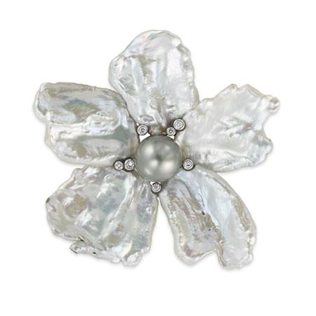 Appraisal: Baroque Freshwater Pearl Gray Cultured Pearl and Diamond Flower Pendant-Brooch