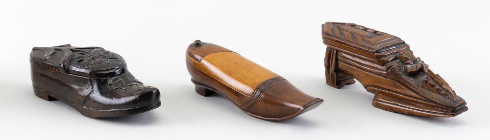 Appraisal: THREE ENGLISH CONTINENTAL SHOE-FORM TREEN SNUFF BOXES TH CENTURY LENGTHS