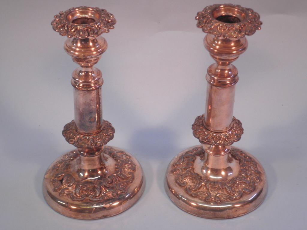 Appraisal: A pair of thC Sheffield plate telescopic candlesticks each cast