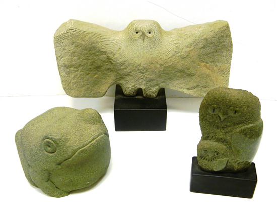 Appraisal: Three stone sculptures Cavalli large spread wing owl grey stone