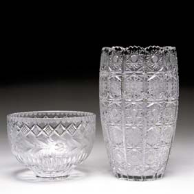 Appraisal: CUT GLASS VASE AND BOWL Tall cut glass vase with