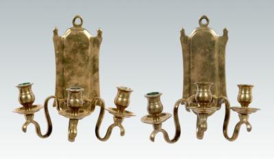 Appraisal: Pair brass sconces each with three removable scrolled candle sockets