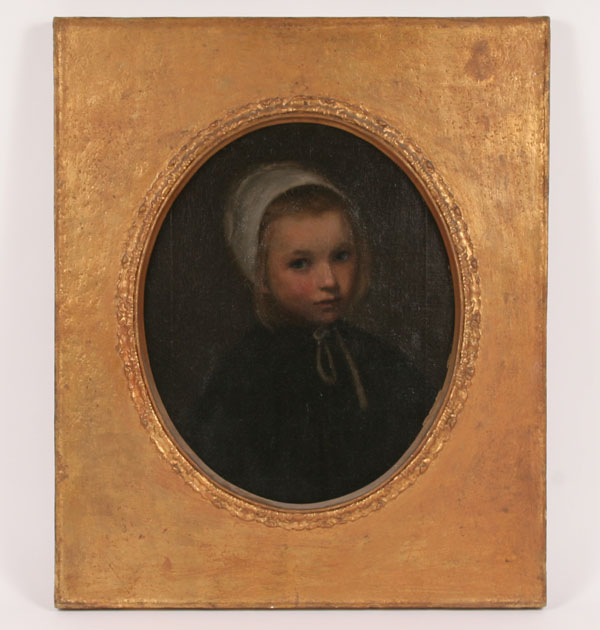 Appraisal: Charming child portrait painting of a young girl with bonnet