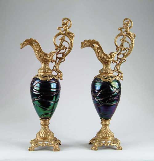 Appraisal: PAIR OF LOETZ TYPE GLASS AND METAL GARNITURES Late th