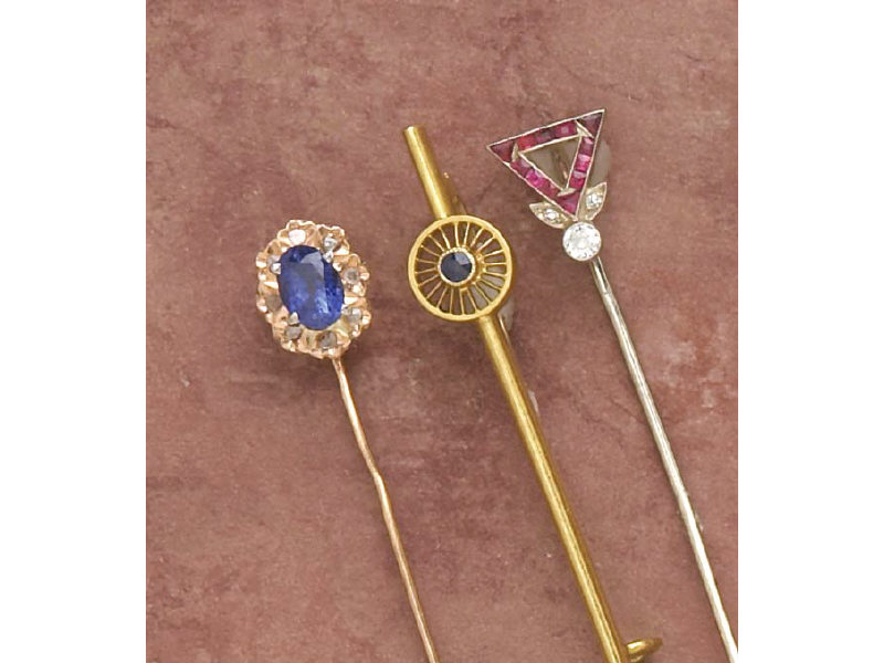 Appraisal: ANTIQUE PIN COLLECTION One stickpin with one oval sapphire weighing