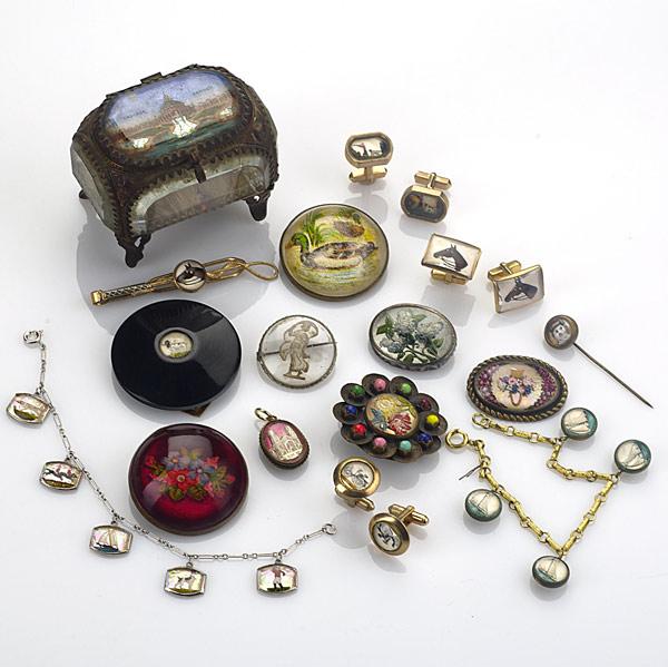 Appraisal: REVERSE PAINTED JEWELRY ACCESSORIES Nineteen pieces include jewelry box from