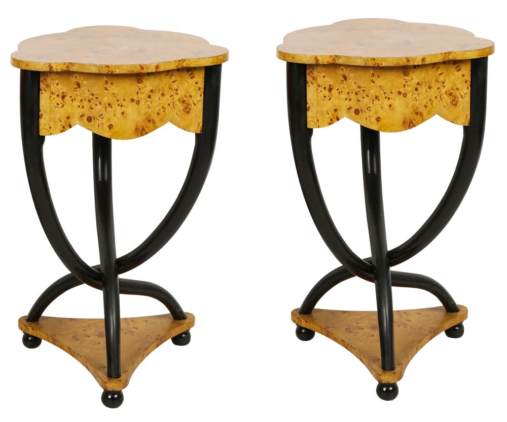 Appraisal: PAIR BURL EBONIZED SIDE TABLEScontemporary each with scalloped triangular top