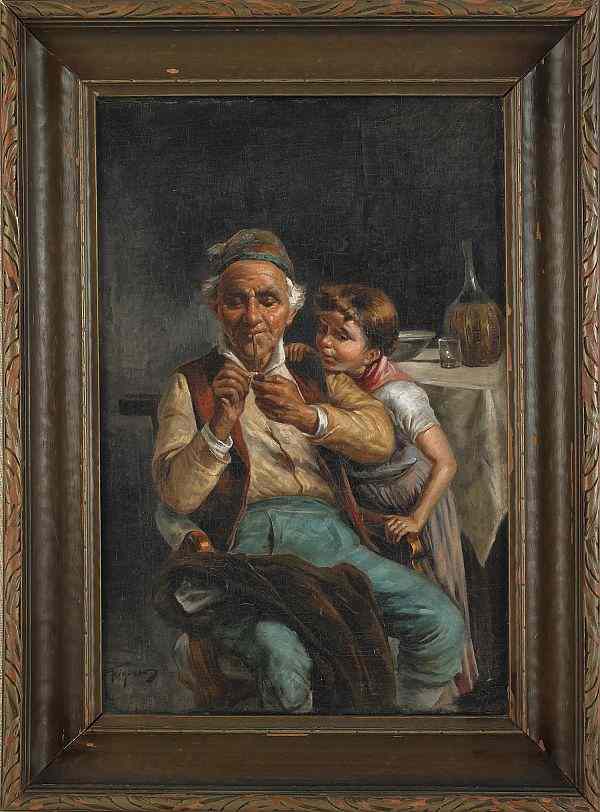 Appraisal: Oil on canvas portrait of a gentleman and a boy