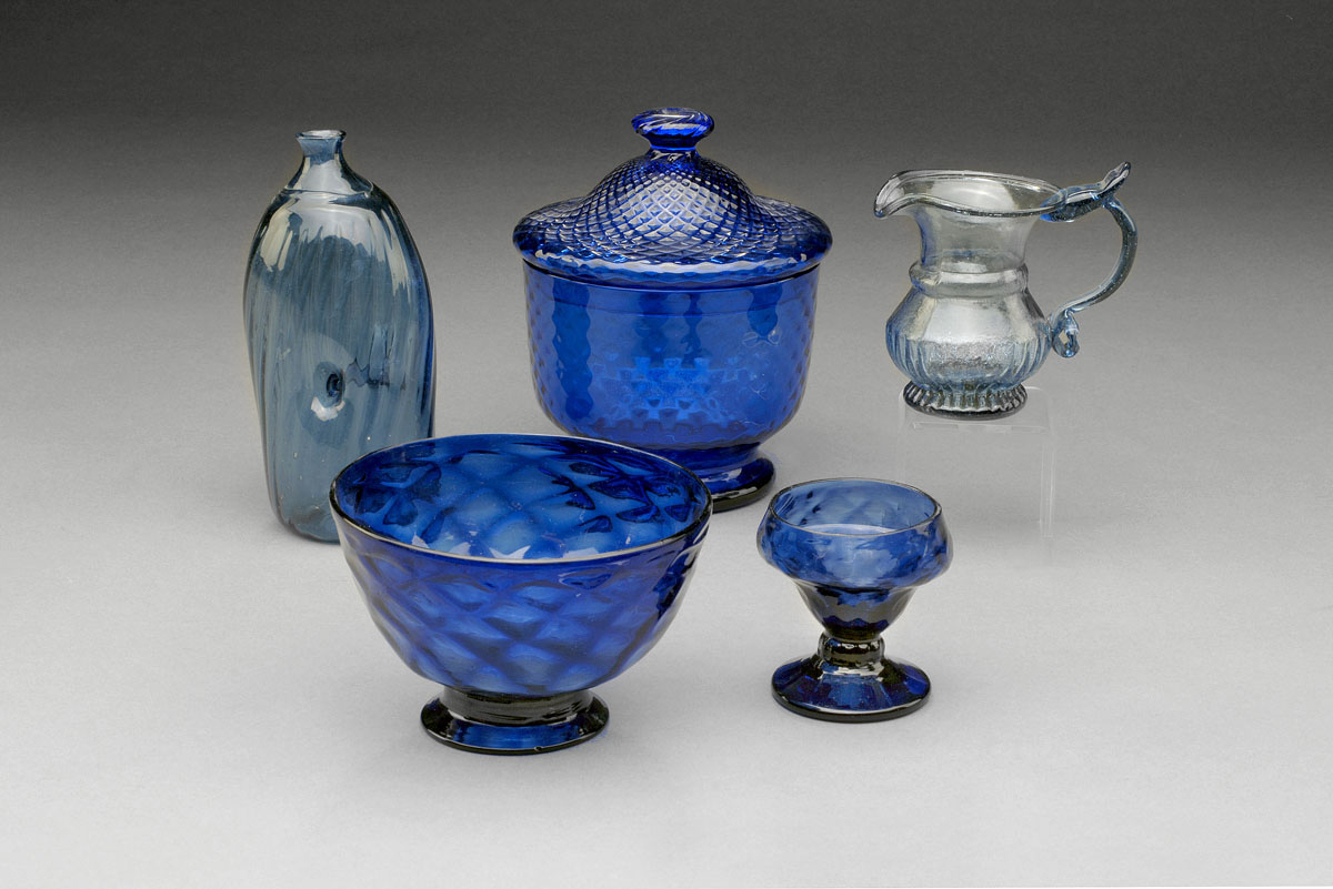 Appraisal: FIVE BLOWN AND BLOWN-MOLDED GLASS WARES Comprising a sugar bowl