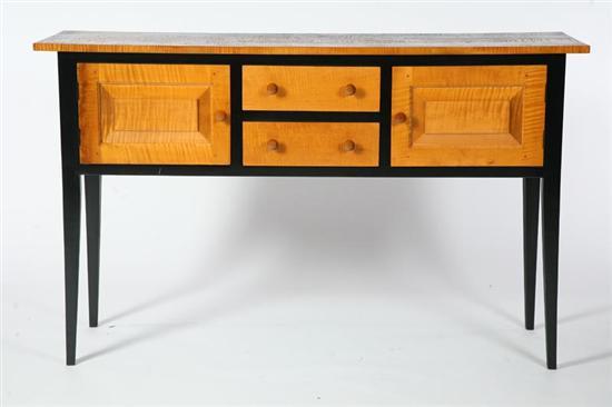 Appraisal: HEPPLEWHITE-STYLE SIDEBOARD American th century curly maple Black-painted base with