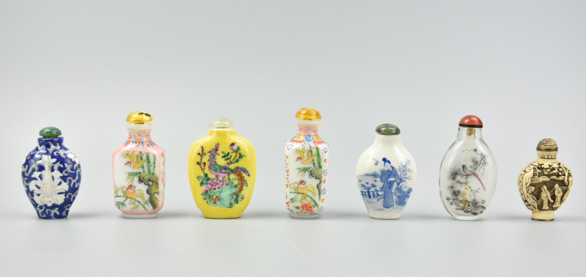 Appraisal: CHINESE SNUFF BOTTLES PORCELAIN PAINTED GLASS A lot of snuff