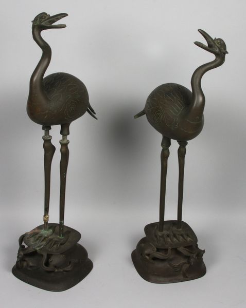 Appraisal: Pair of th Century Japanese Meiji period bronze cranes h