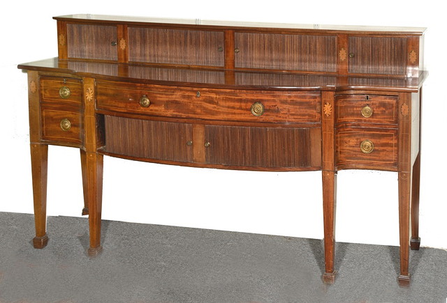 Appraisal: A TH CENTURY MAHOGANY AND INLAID SIDEBOARD with raised back