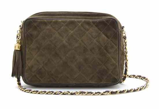 Appraisal: A Chanel Olive Green Suede Quilted Bag goldtone chainlink and