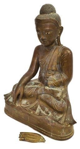 Appraisal: Patinated bronze Buddha likely Burmese seated in Bhumisparsha earth-touching Mudra