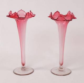 Appraisal: PAIR OF VICTORIAN CRANBERRY JACK IN PULPIT VASES PAIR OF