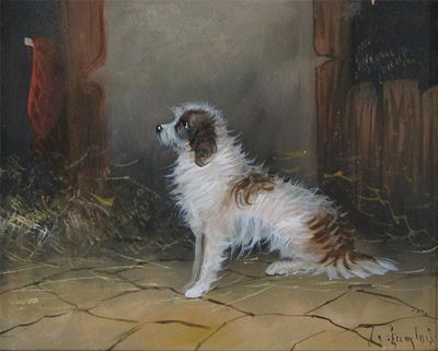 Appraisal: J Langlois th Century Terrier in a barn Signed Oil