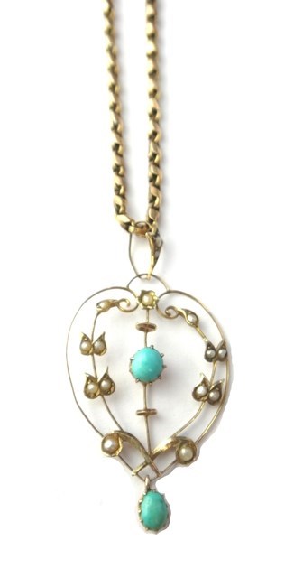 Appraisal: A gold turquoise and seed pearl set pendant in a