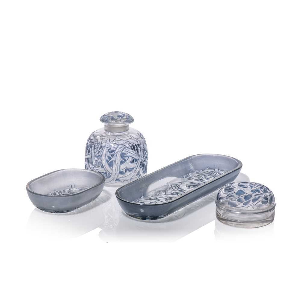 Appraisal: LALIQUE PINES FOUR TOILET SET ITEMS th Centurycomprising scent bottle