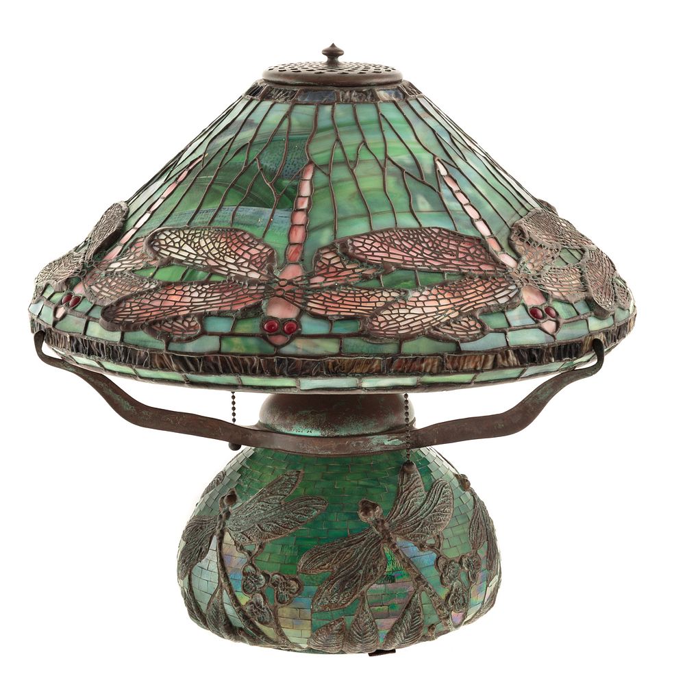 Appraisal: Tiffany Style Dragonfly Lamp Quality reproduction with weathered bronze base