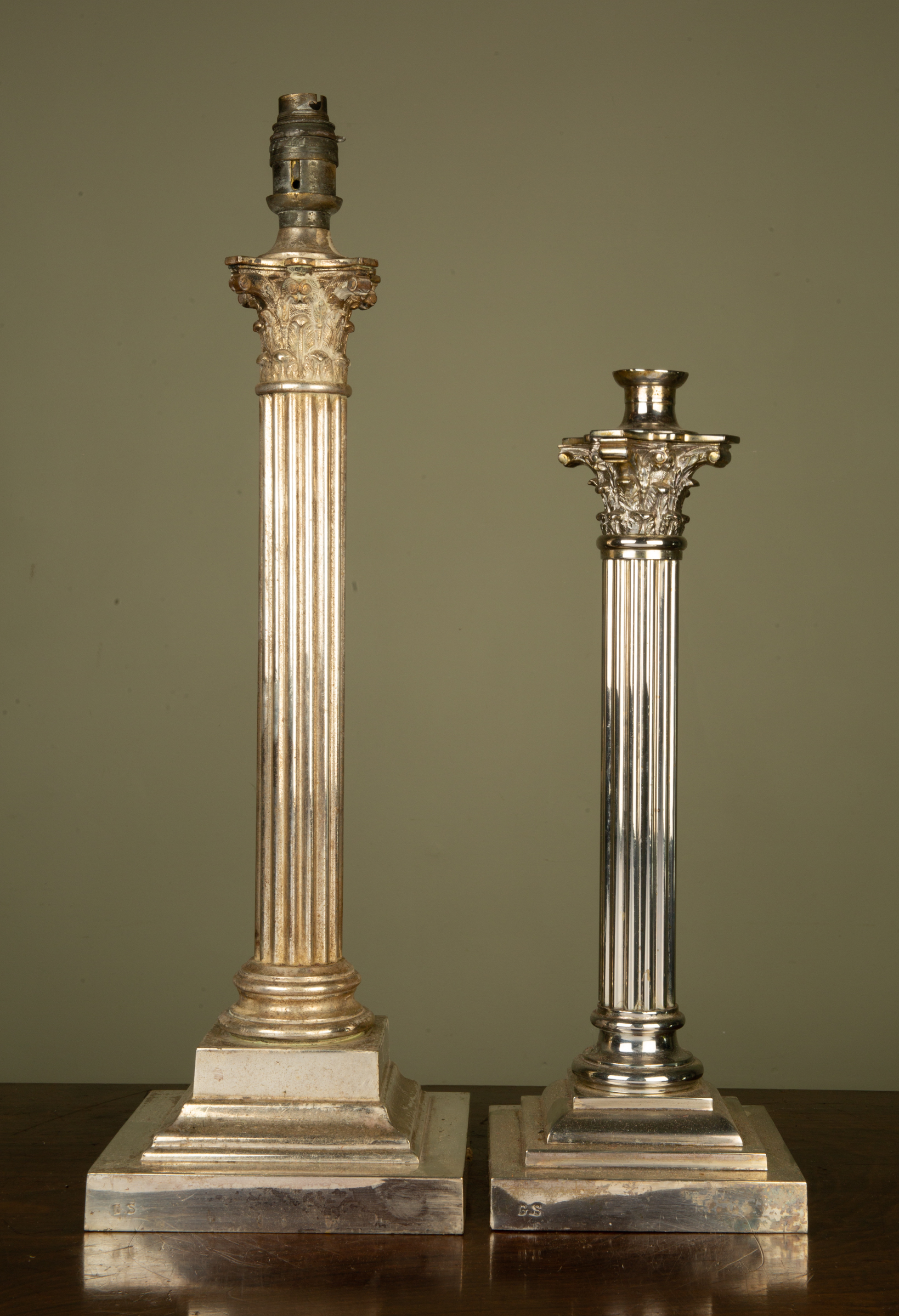 Appraisal: Two silver plated Corinthian column table lamps both stamped G