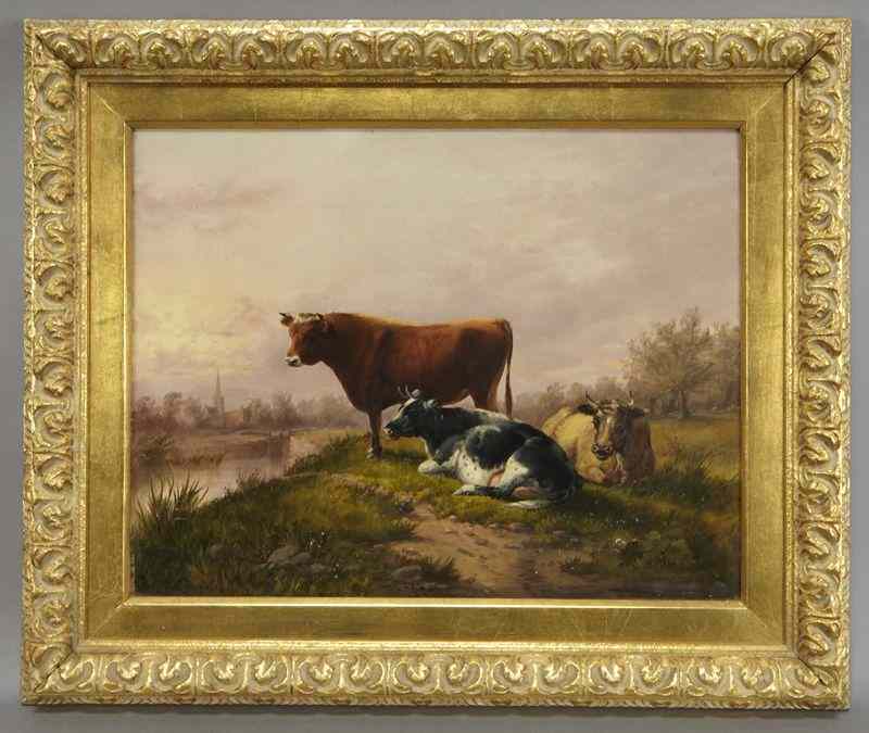 Appraisal: Continental oil painting on canvas depicting cows in a landscape