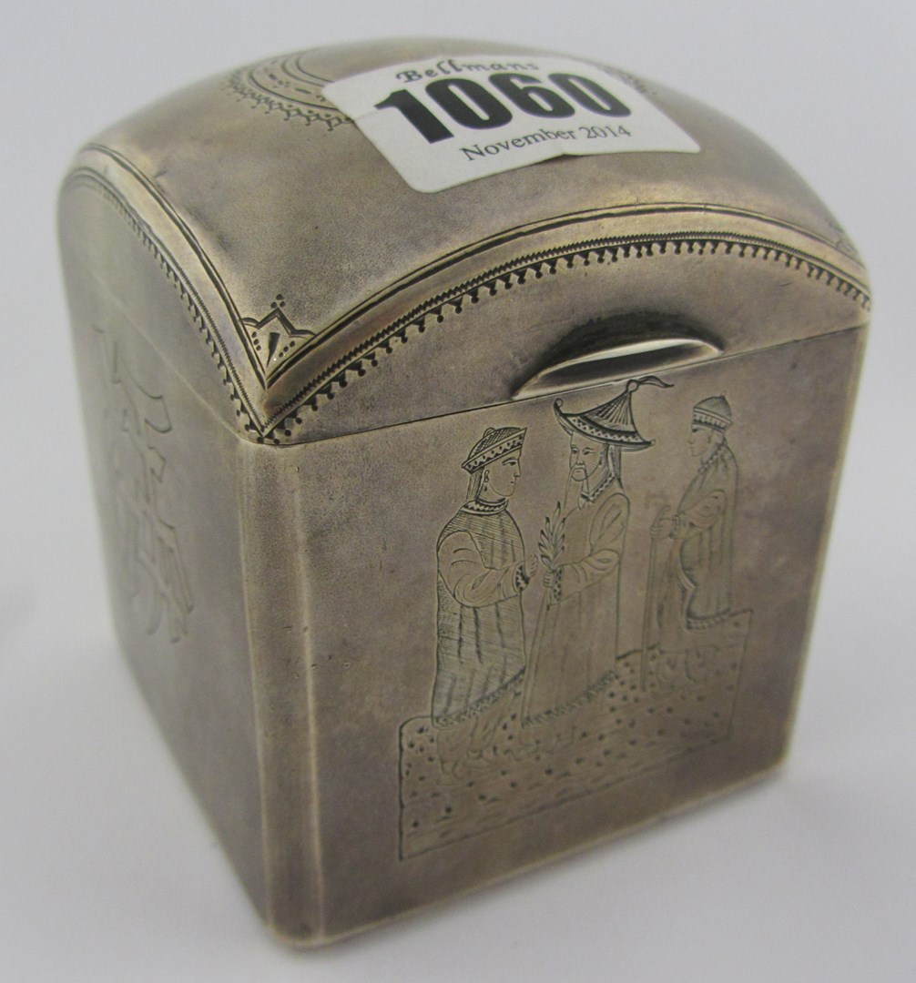 Appraisal: A Russian hinge lidded tea caddy of domed cube form