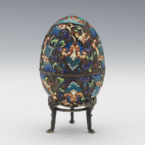 Appraisal: RUSSIAN FABERGE STYLE PARCEL-GILT SILVER AND CLOISONN ENAMEL EGG ON