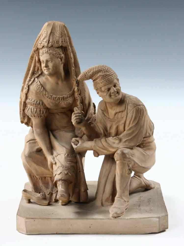 Appraisal: SCULPTURE- Terra cotta sculpture of man kneeling next to seated