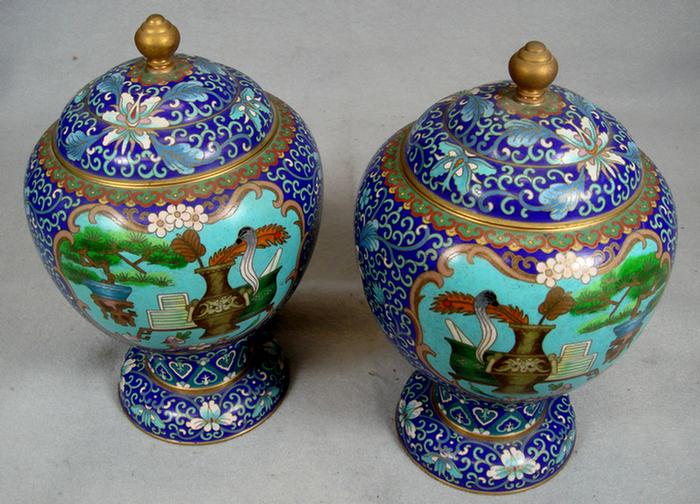 Appraisal: Pr Cloisonne footed ginger jars jardiniere design tall no damage