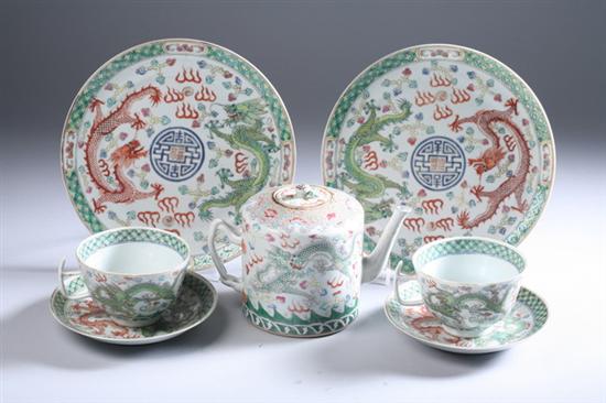 Appraisal: THIRTEEN CHINESE FAMILLE ROSE-VERTE PORCELAIN DRAGON PARTIAL TEA SERVICE Circa