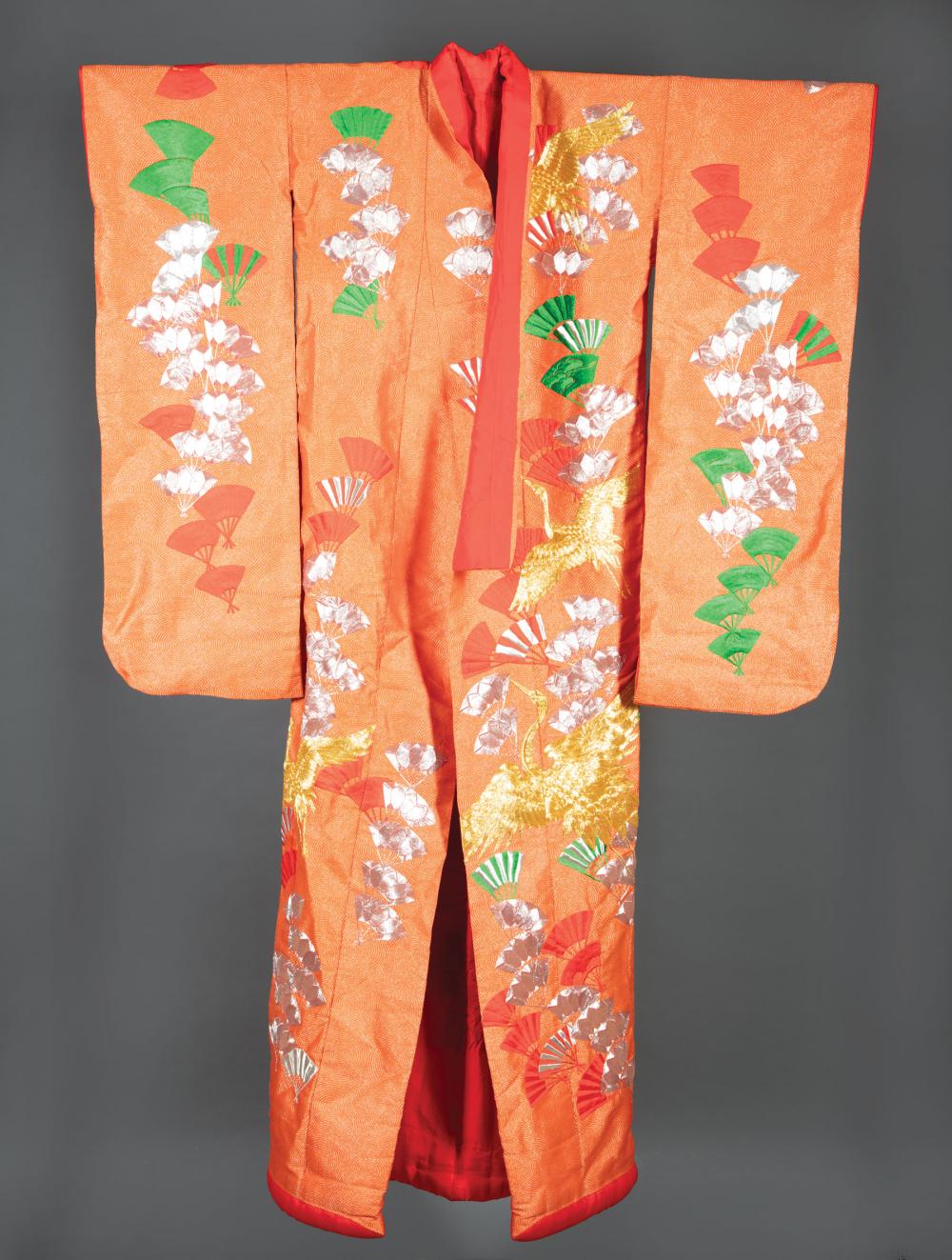 Appraisal: Japanese Embroidered Orange Silk Furisode Kimono worked in satin stitch