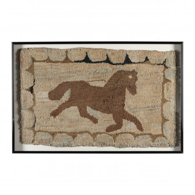 Appraisal: FRAMED HOOKED RUG OF A HORSE With galloping horse scalloped