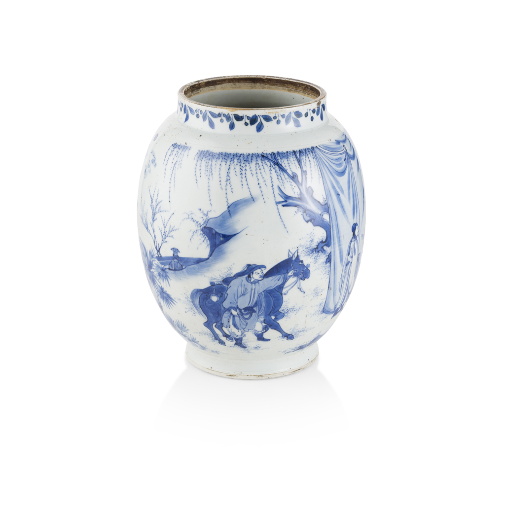 Appraisal: BLUE AND WHITE TRANSITIONAL 'ROMANCE OF THE THREE KINGDOMS' JAR