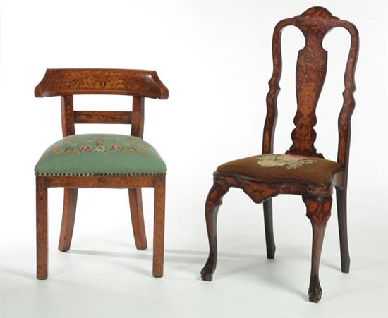 Appraisal: TWO MARQUETRY CHAIRS European possibly Dutch mahogany and fruit wood