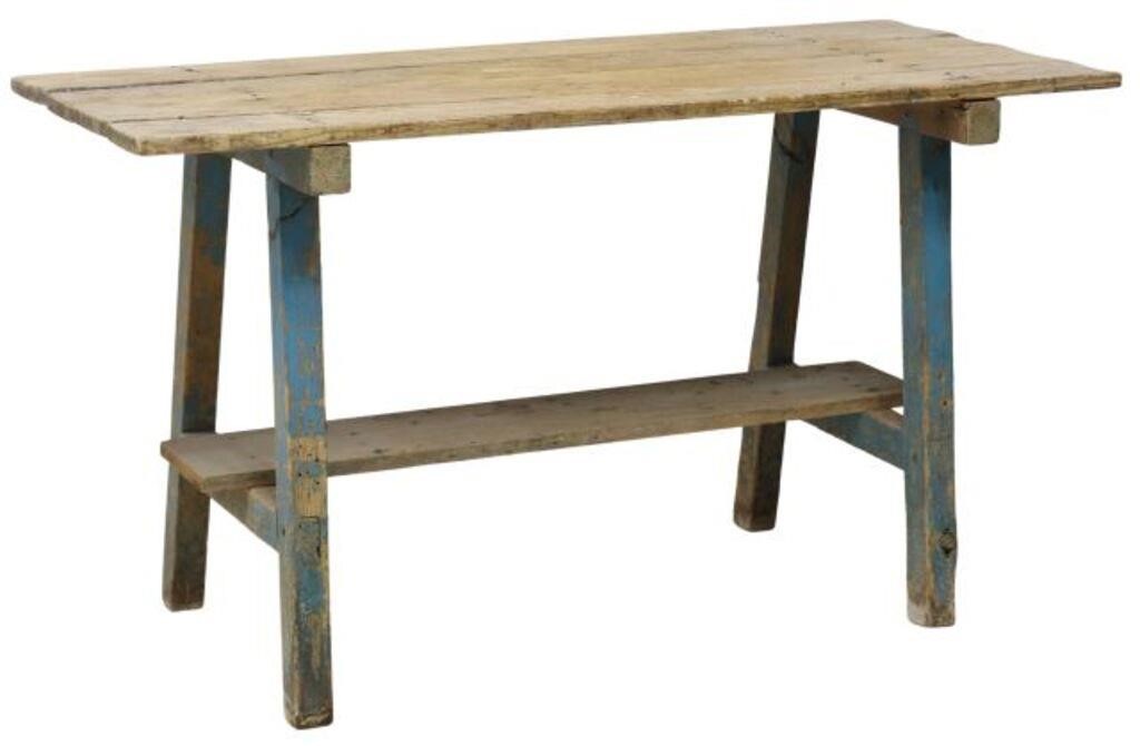 Appraisal: Rustic Guatemalan pine tavern table planked rectangular top over medial