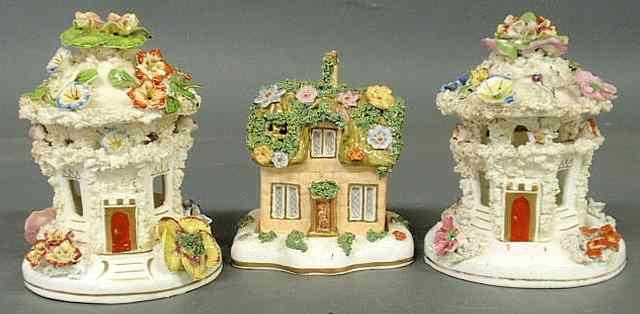 Appraisal: Three ornate th c Staffordshire two-part cottage pastille burners tallest