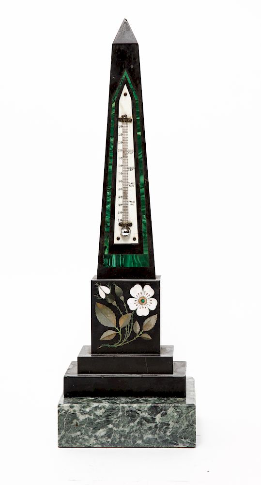 Appraisal: Obelisk Thermometer w Floral Pietra Dura Inlay Stone obelisk featuring