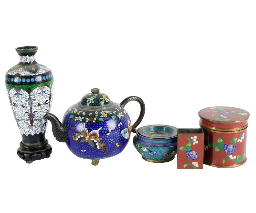 Appraisal: FIVE CLOISONNE ENAMEL VESSELSunsigned ranging from to inches high Condition