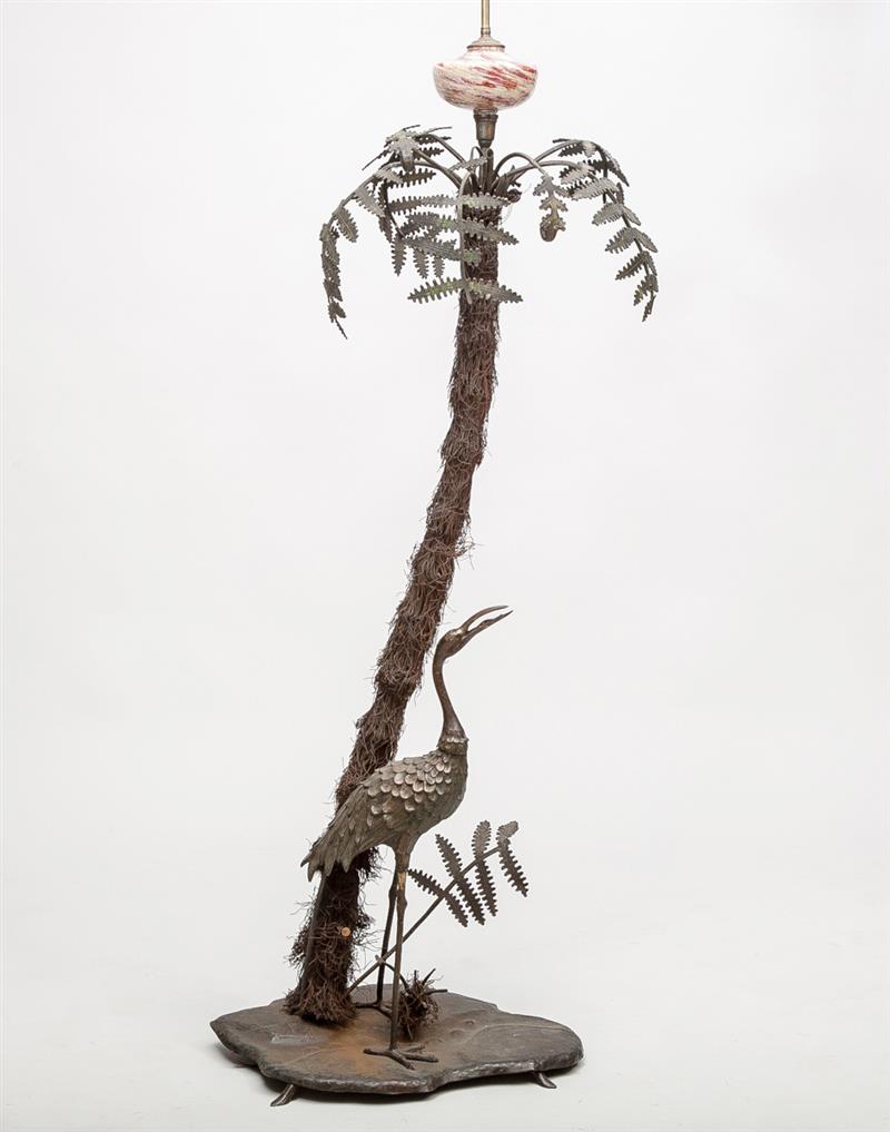 Appraisal: Asian Heron and Floral Metal Palm Tree Floor Lamp Probably