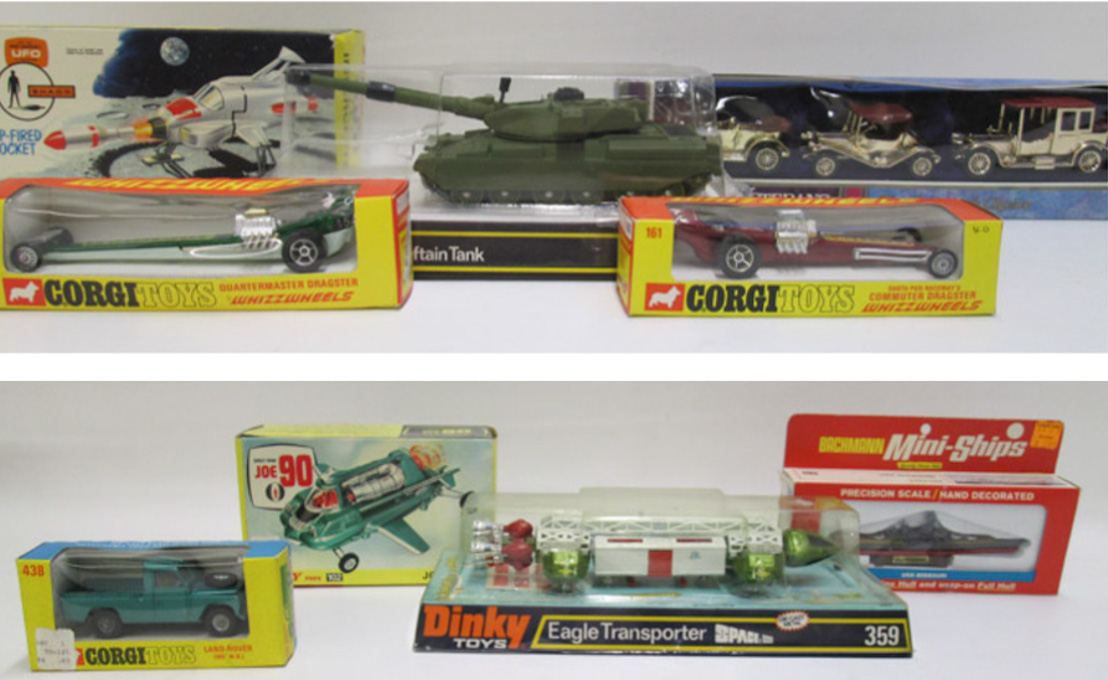 Appraisal: NINE COLLECTIBLE TOYS four Dinky Toys No Joes car No