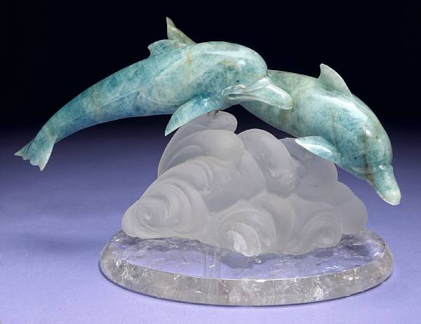 Appraisal: Aquamarine and Rock Crystal Carving of a Pair of Dolphins