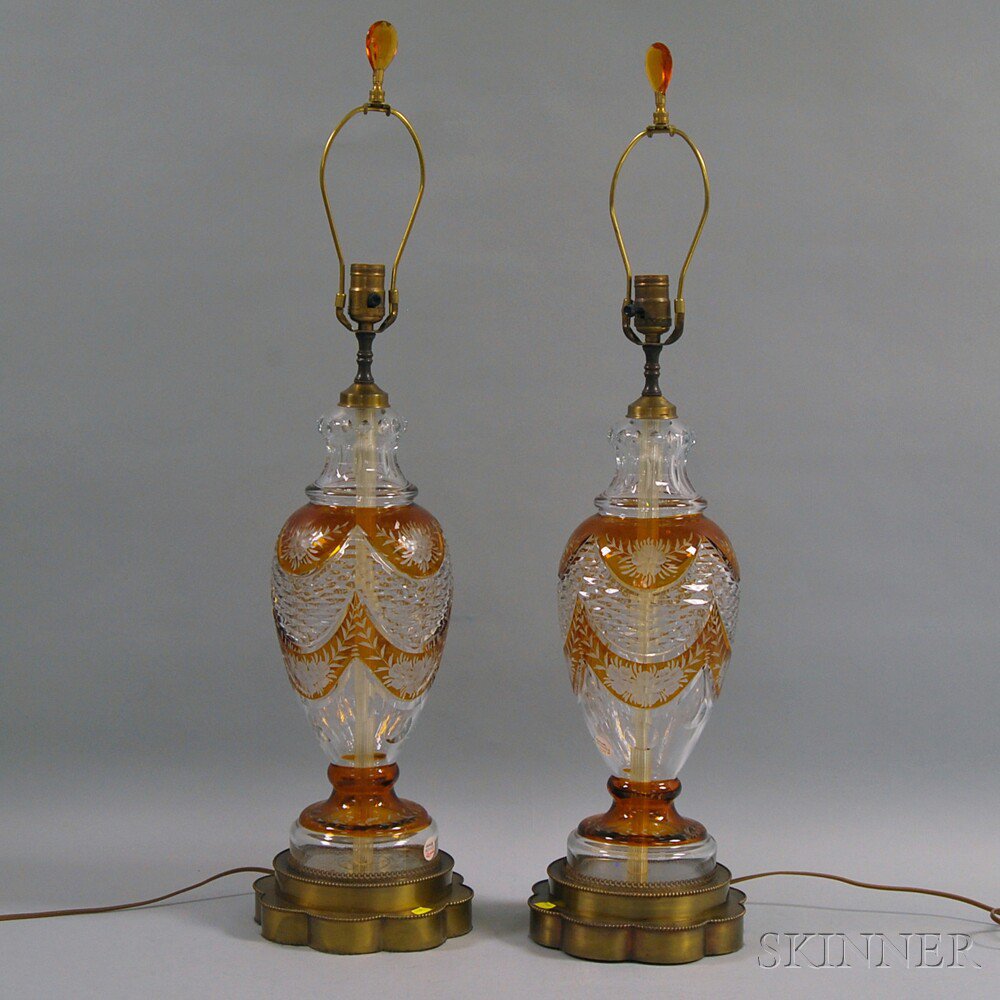 Appraisal: Pair of Etched Amber and Colorless Glass Lamps th century