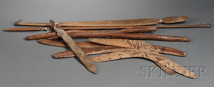 Appraisal: Nine Australian Aborigine Carved Wood Items two spear throwers four