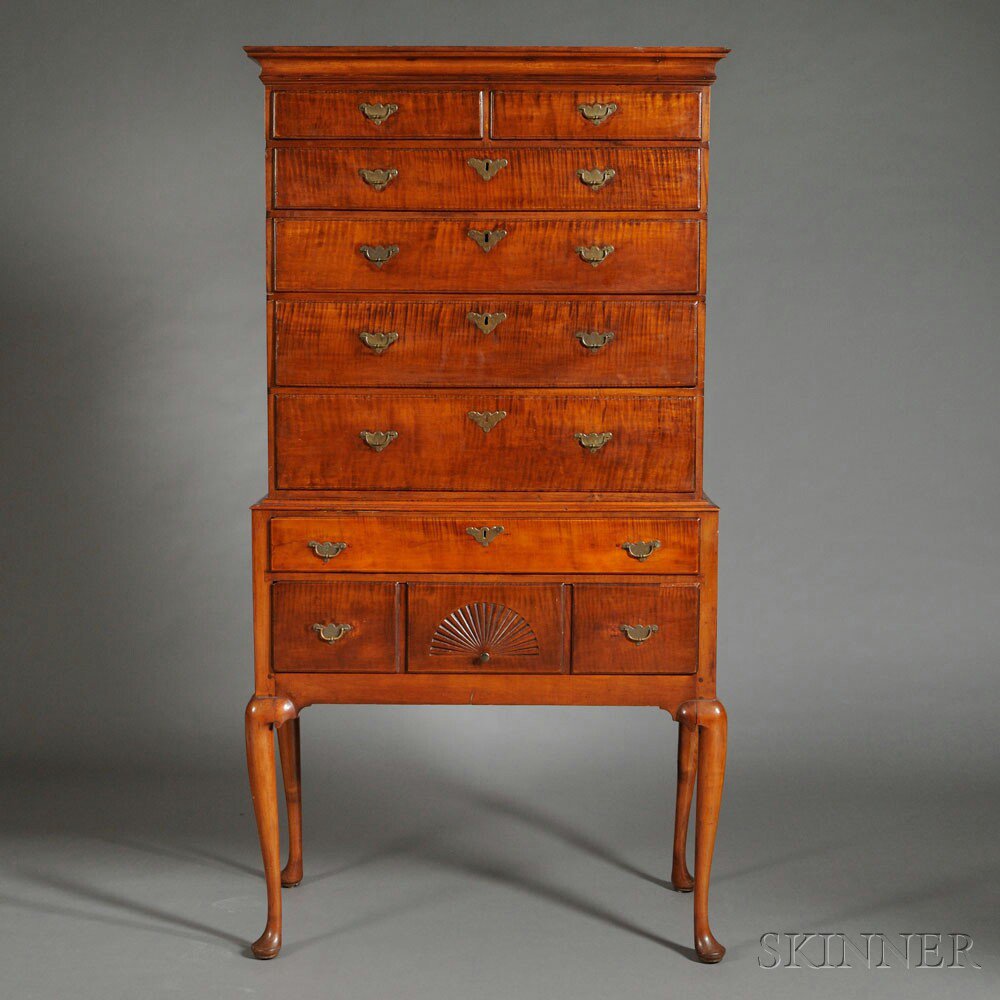 Appraisal: Queen Anne Carved Tiger Maple Flat-top High Chest New England