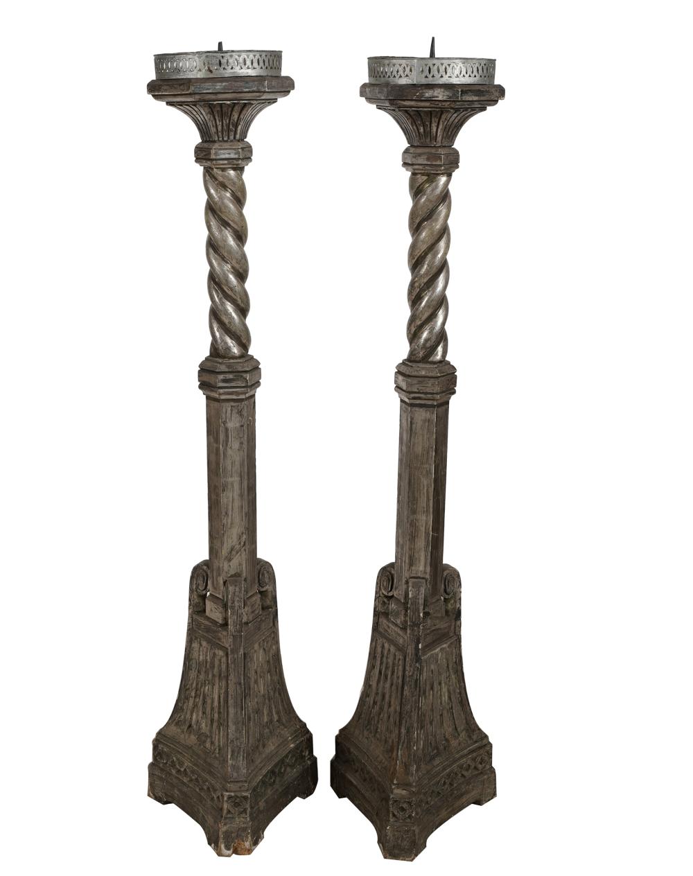 Appraisal: PAIR OF SILVERED WOOD PRICKET STICKSWith removable metal liner Condition