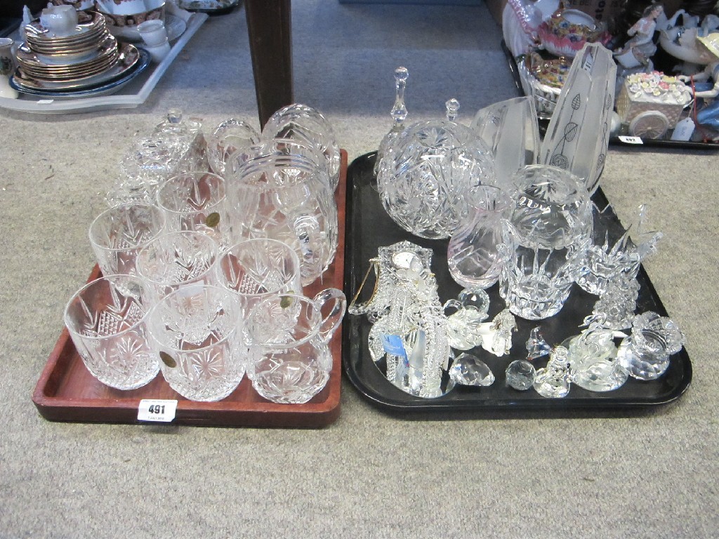 Appraisal: Two trays of glassware - crystal tumblers figures vases jug