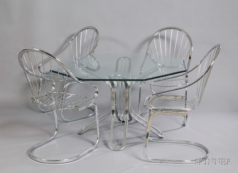 Appraisal: Modern Glass-top Chrome Table and a Set of Four Chrome