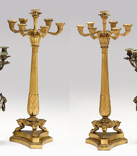 Appraisal: Pair of Empire style gilt-bronze seven-light candelabra th century The